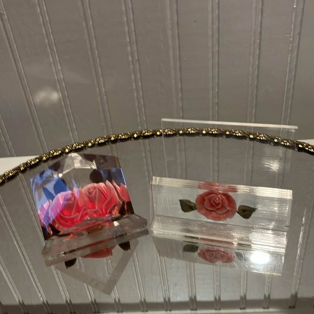 Vintage BIRCRAFT 3D Pink Roses In Lucite Acrylic Desk Accessories